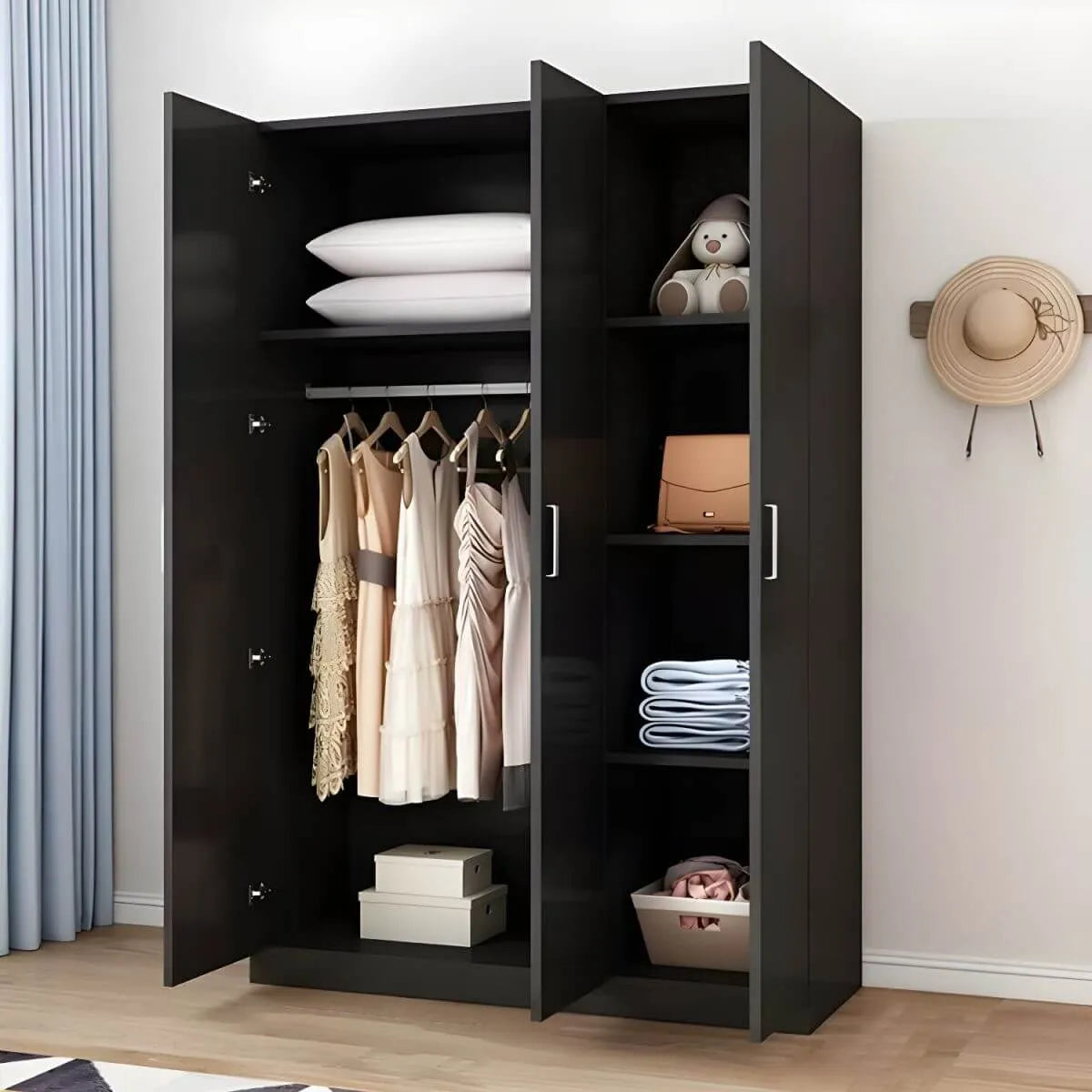 Minimalist Wood Wardrobe Armoire With Shelves And Double Hanging Secondary image