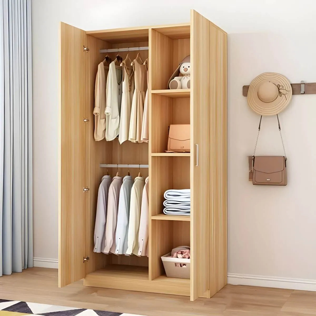 Minimalist Wood Wardrobe Armoire With Shelves And Double Hanging