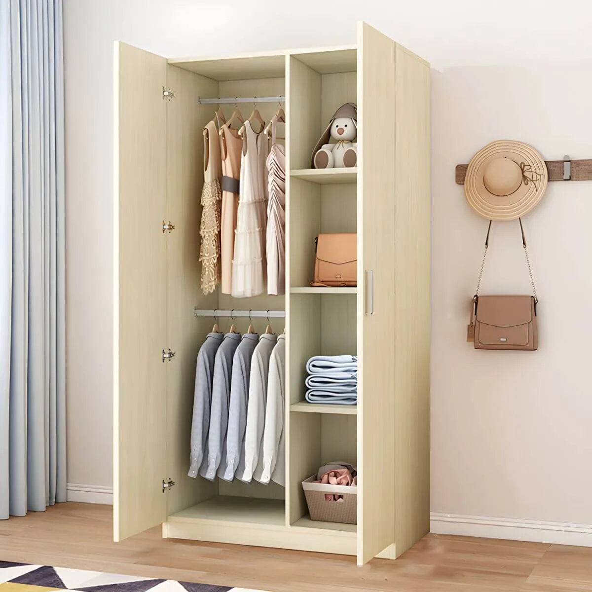 Minimalist Wood Wardrobe Armoire With Shelves And Double Hanging