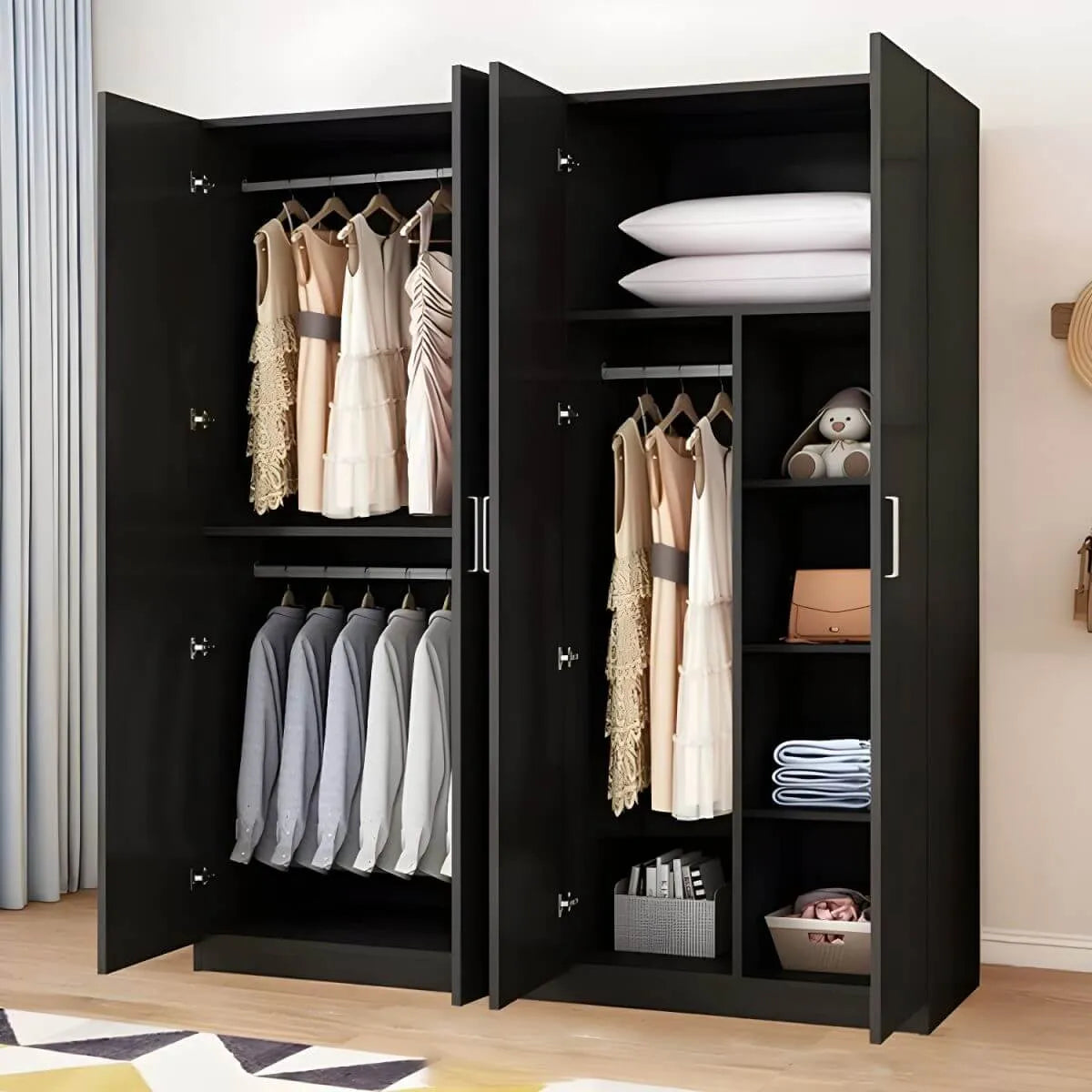 Minimalist Wood Wardrobe Armoire With Shelves And Double Hanging