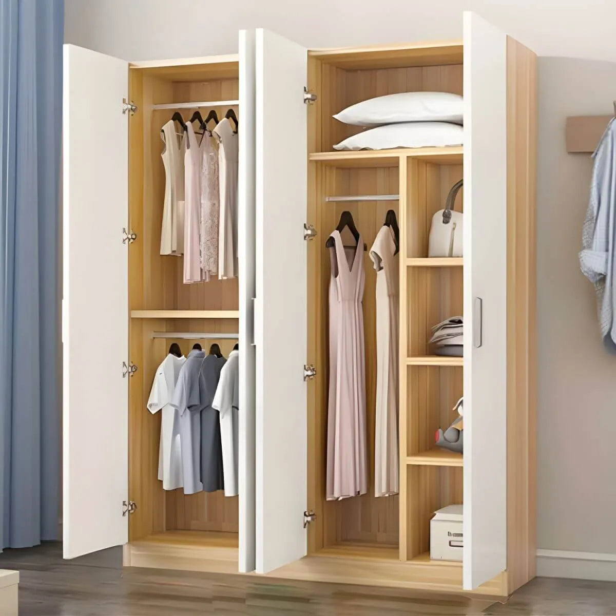 Minimalist Wood Wardrobe Armoire With Shelves And Double Hanging