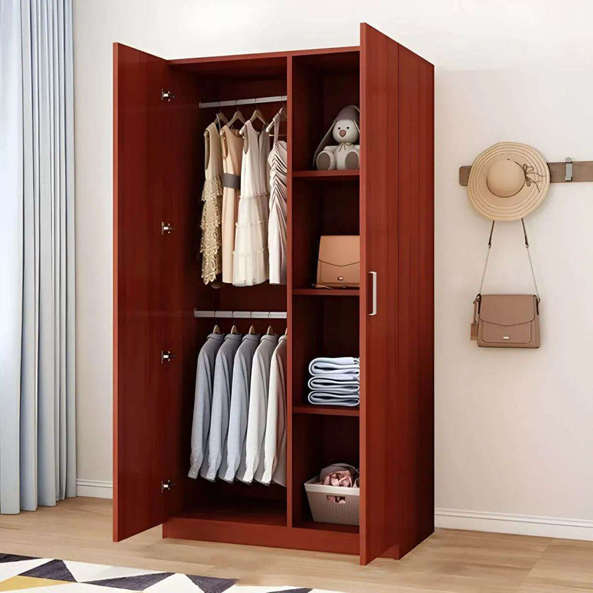 Minimalist Wood Wardrobe Armoire With Shelves And Double Hanging