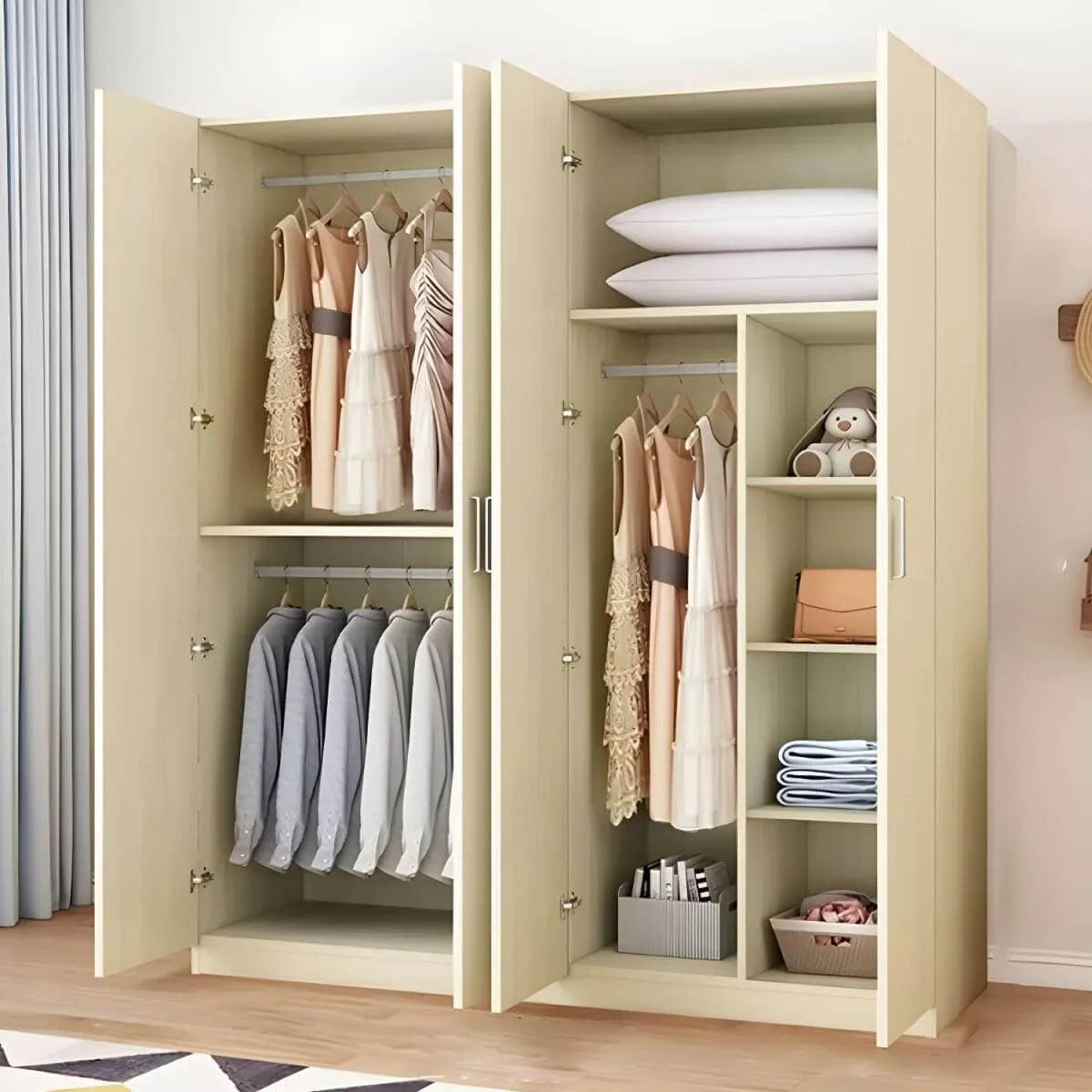 Minimalist Wood Wardrobe Armoire With Shelves And Double Hanging