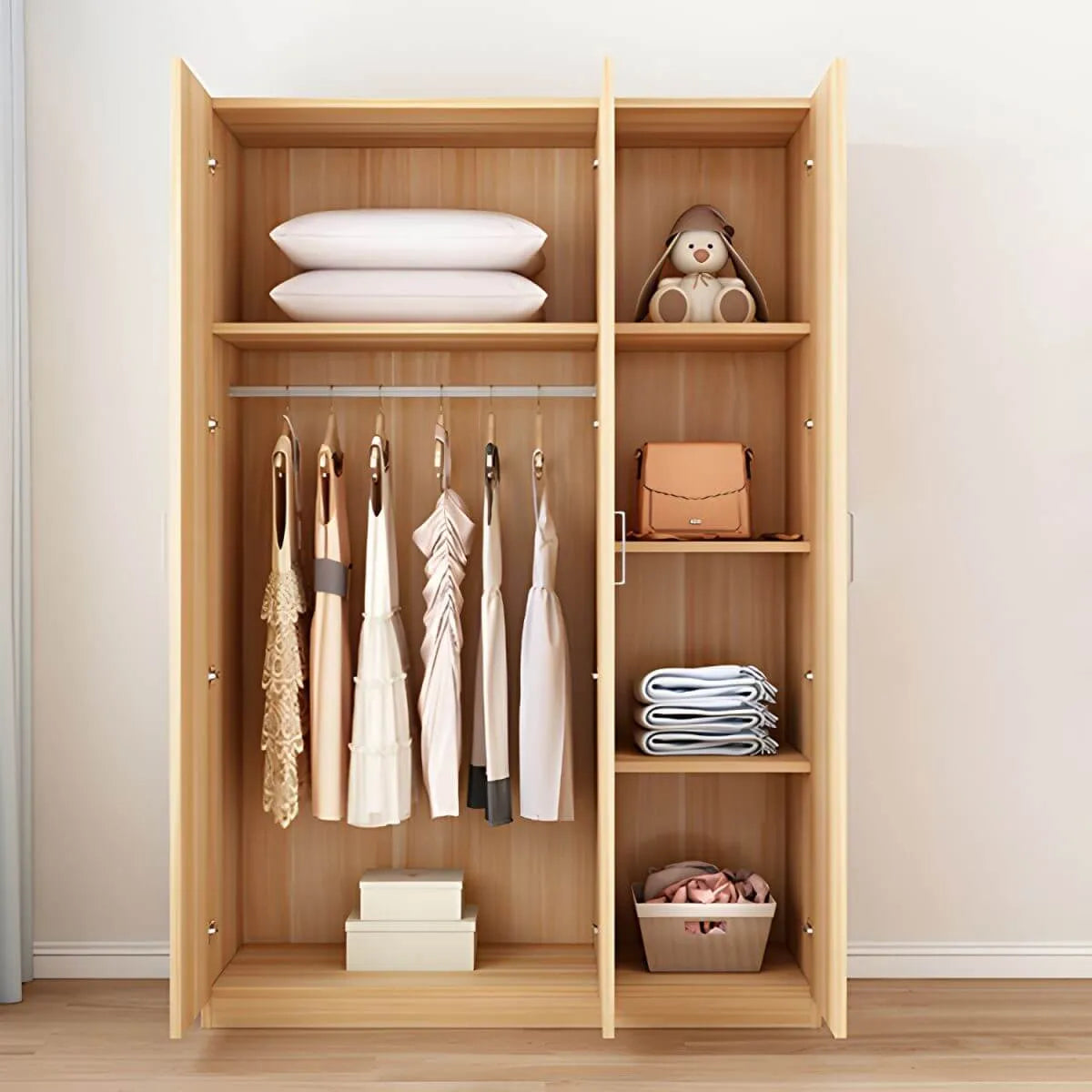 Minimalist Wood Wardrobe Armoire With Shelves And Double Hanging