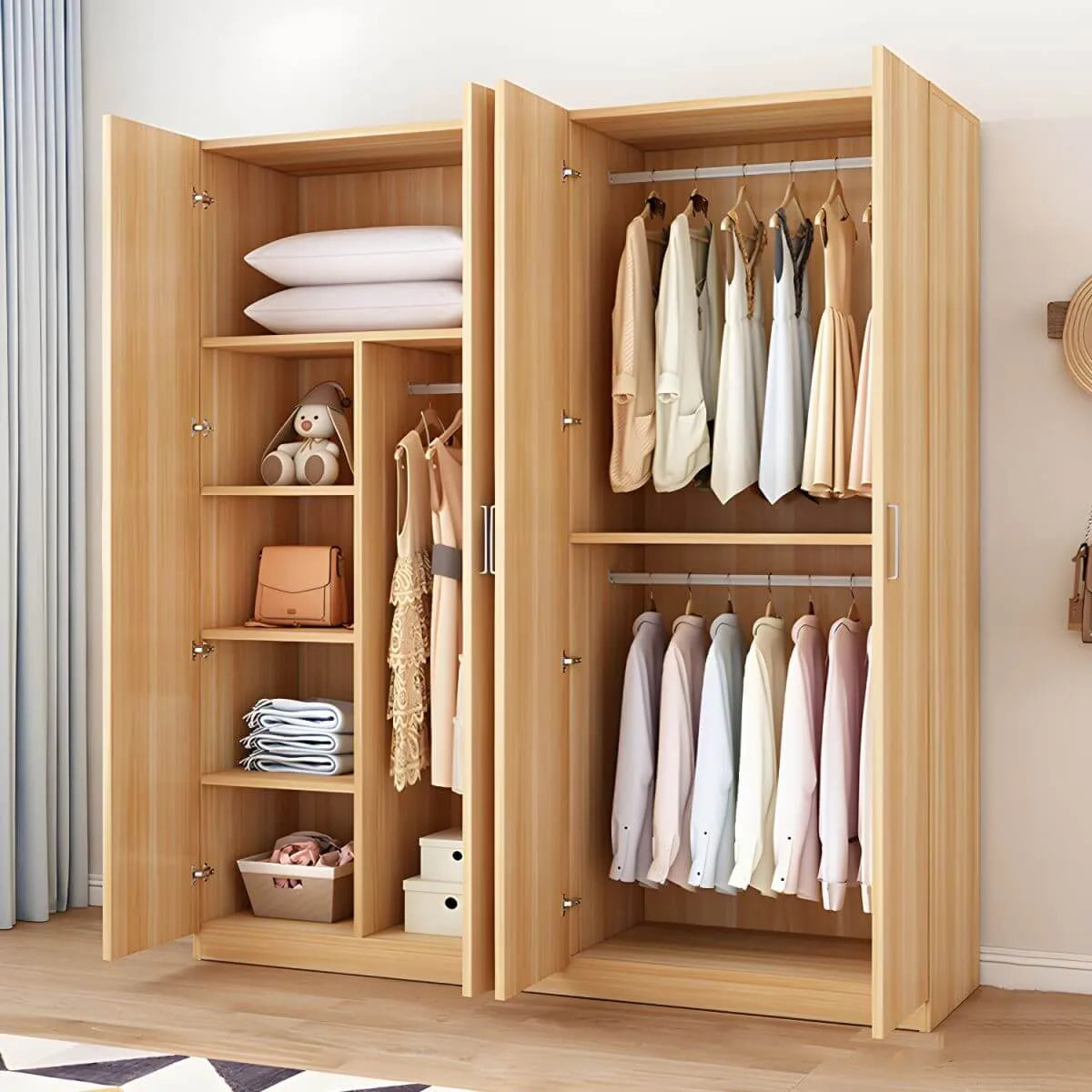 Minimalist Wood Wardrobe Armoire With Shelves And Double Hanging