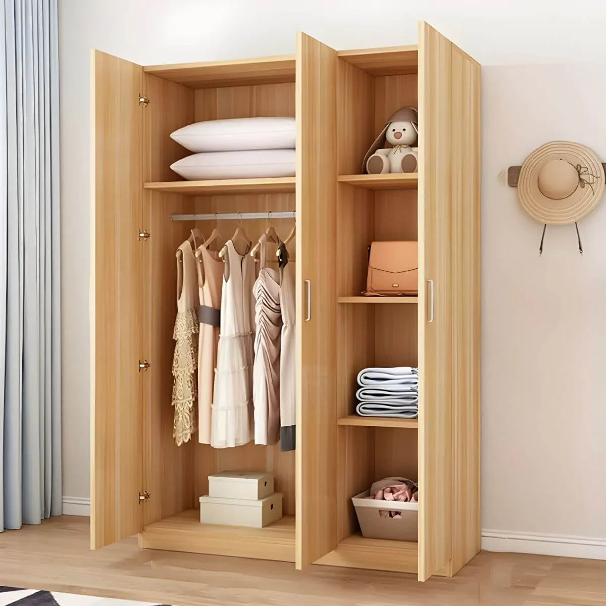 Minimalist Wood Wardrobe Armoire With Shelves And Double Hanging