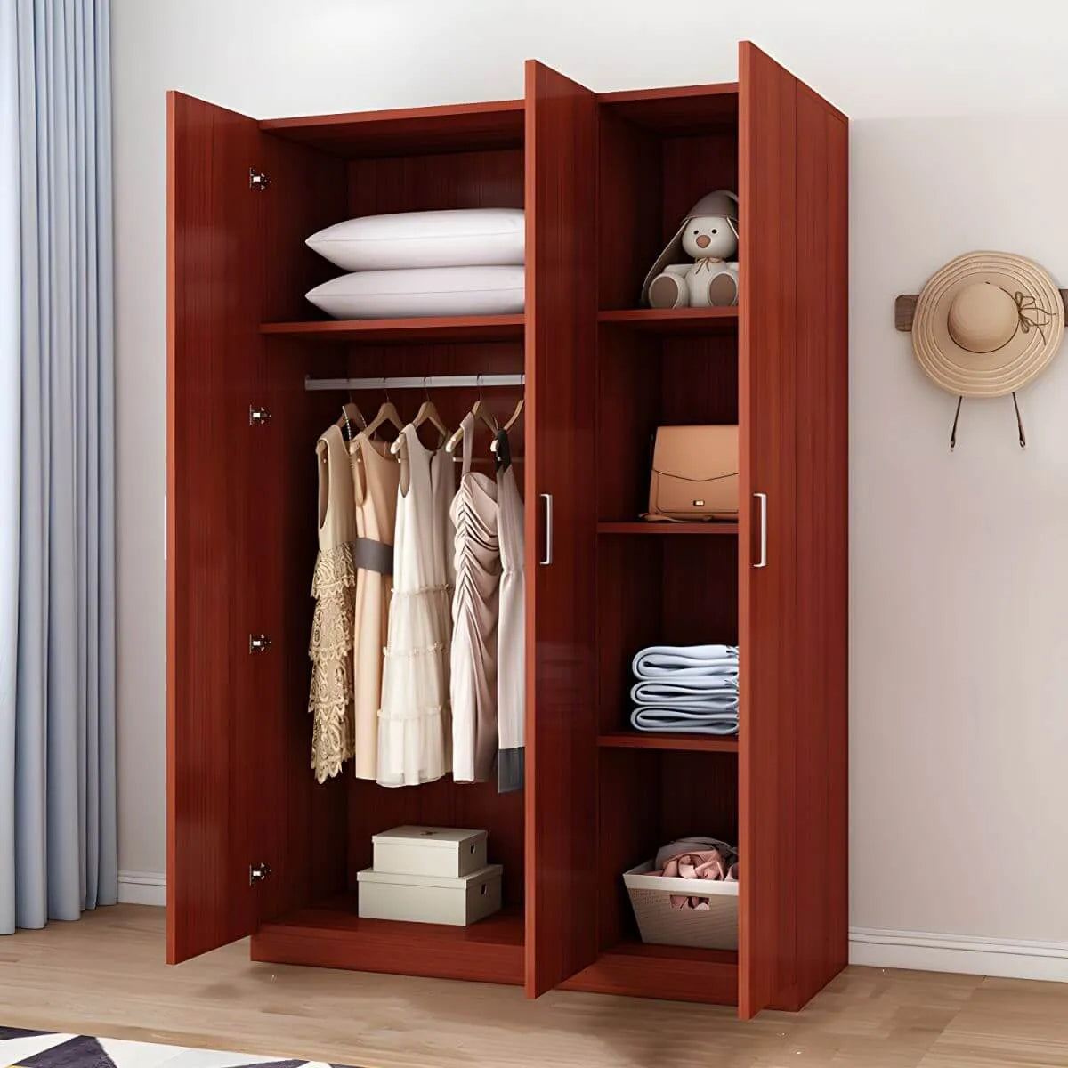 Minimalist Wood Wardrobe Armoire With Shelves And Double Hanging
