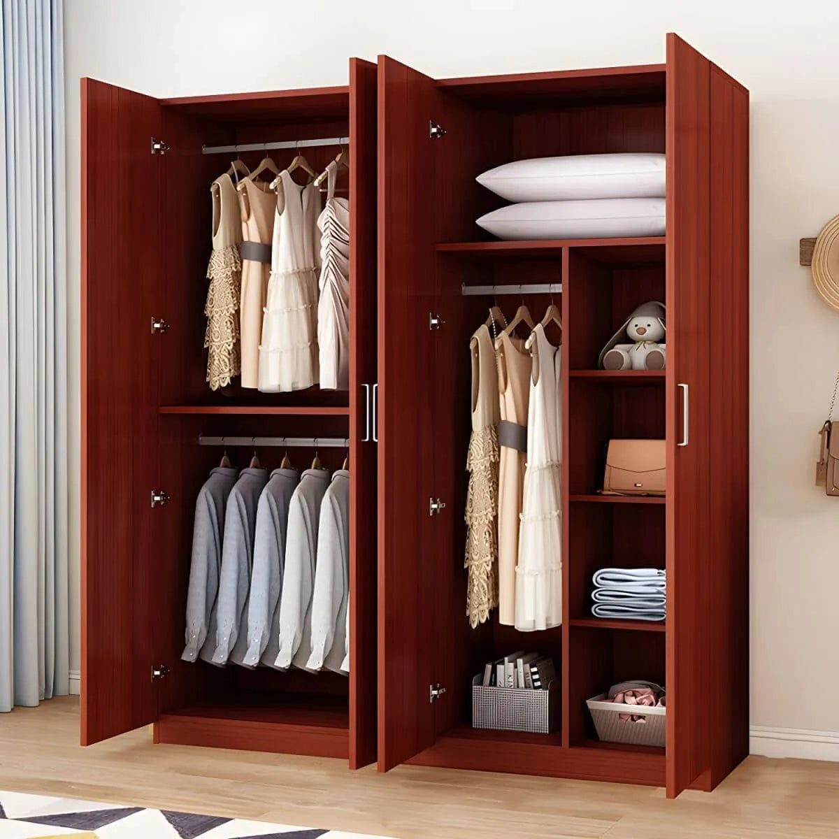Minimalist Wood Wardrobe Armoire With Shelves And Double Hanging
