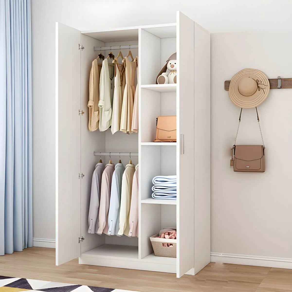 Minimalist Wood Wardrobe Armoire With Shelves And Double Hanging