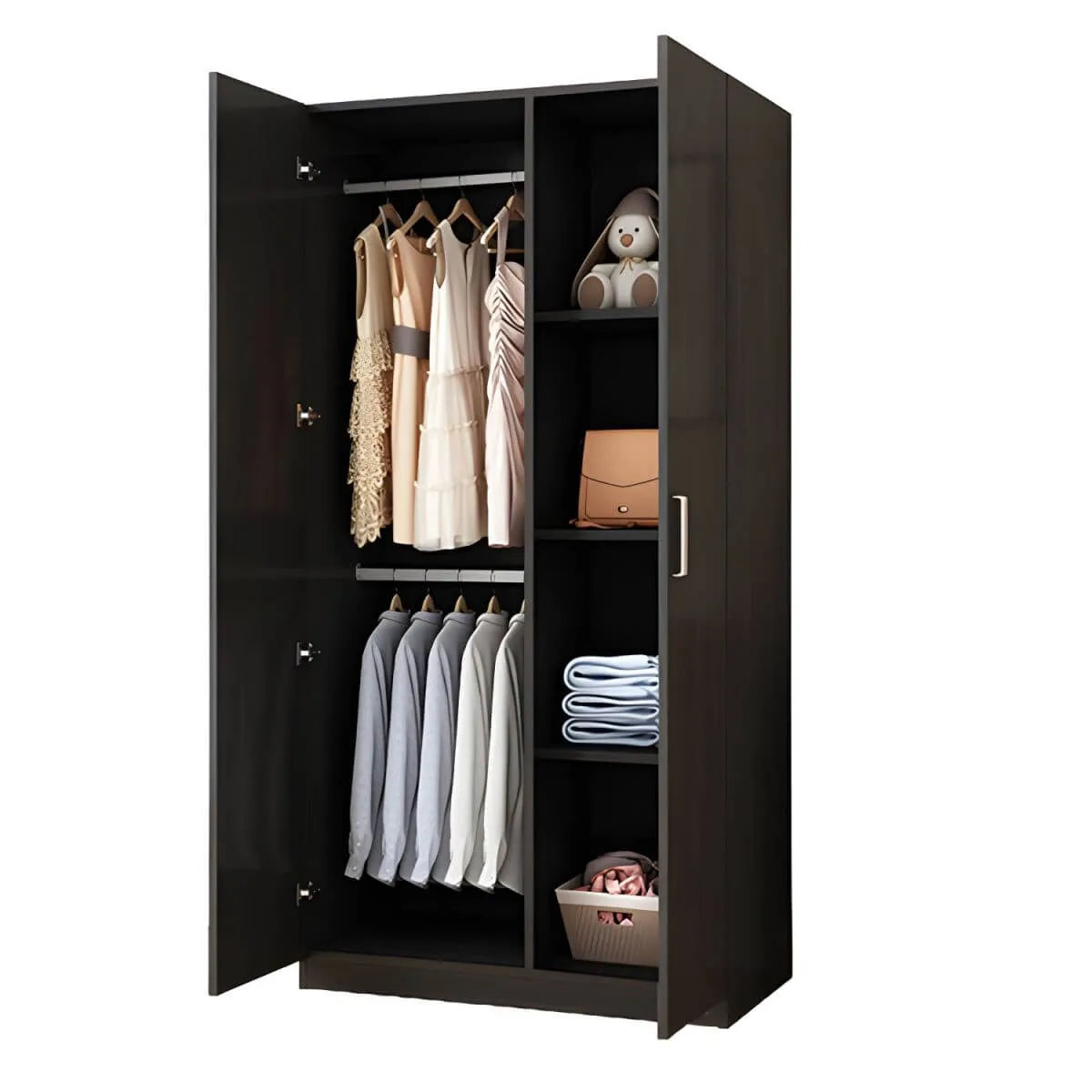 Minimalist Wood Wardrobe Armoire With Shelves And Double Hanging