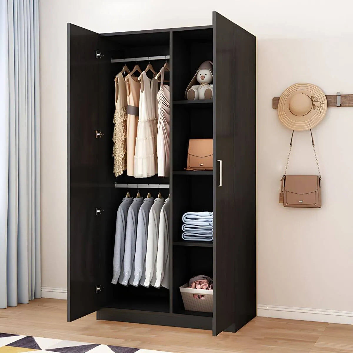 Minimalist Wood Wardrobe Armoire With Shelves And Double Hanging Main Product Image