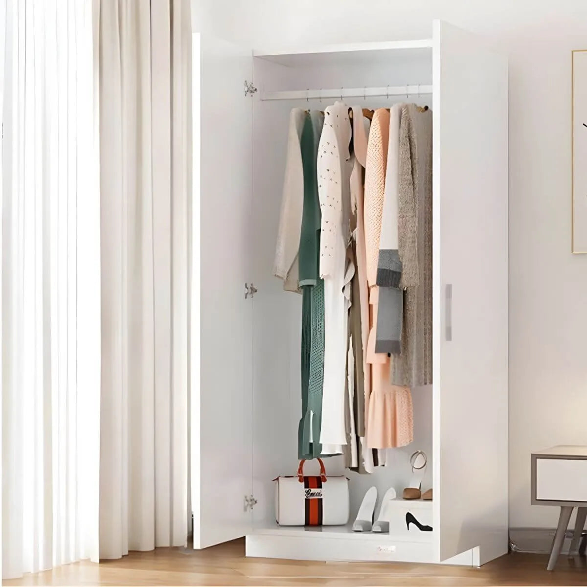 Minimalist Wood Wardrobe Armoire With Soft-Close Doors And Rod