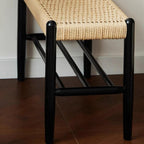 Minimalist Wooden Bench with Integrated Shelving and Textured Woven Surface