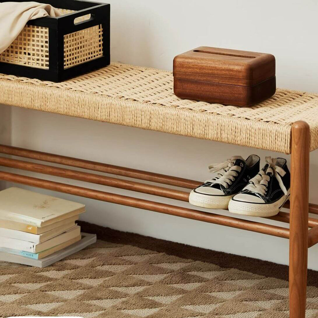 Minimalist Wooden Bench with Integrated Shelving and Textured Woven Surface