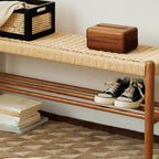 Minimalist Wooden Bench with Integrated Shelving and Textured Woven Surface