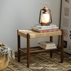 Minimalist Wooden Bench with Integrated Shelving and Textured Woven Surface