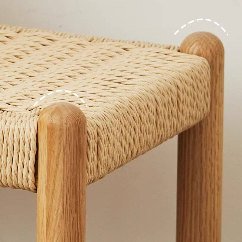 Minimalist Wooden Bench with Integrated Shelving and Textured Woven Surface