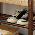 Minimalist Wooden Bench with Integrated Shelving and Textured Woven Surface