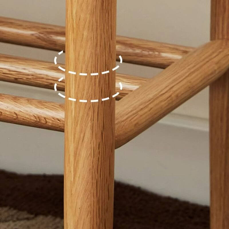 Minimalist Wooden Bench with Integrated Shelving and Textured Woven Surface