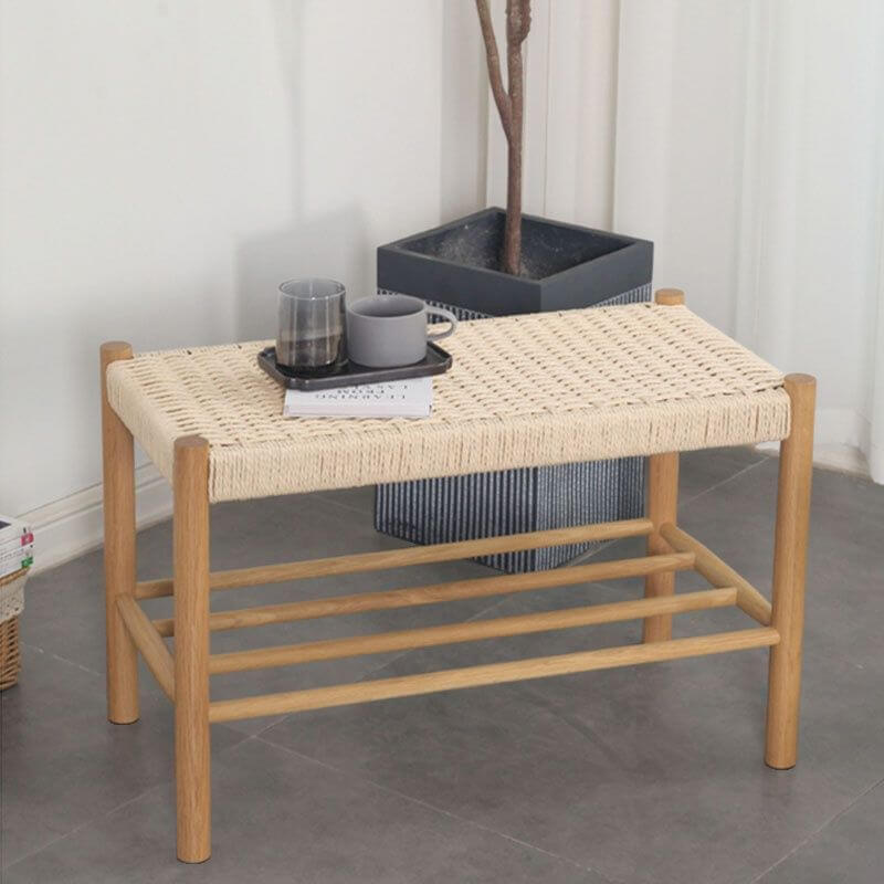 Minimalist Wooden Bench with Integrated Shelving and Textured Woven Surface