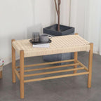 Minimalist Wooden Bench with Integrated Shelving and Textured Woven Surface