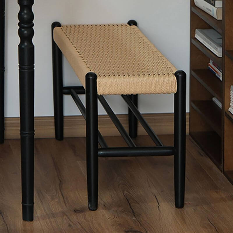 Minimalist Wooden Bench with Integrated Shelving and Textured Woven Surface