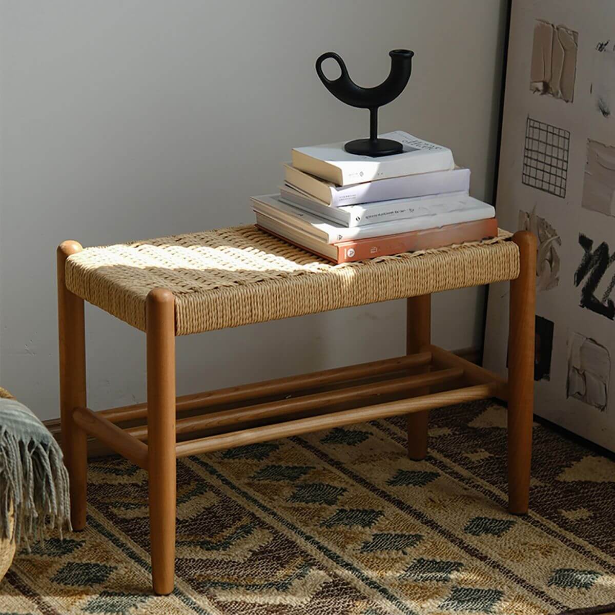Minimalist Wooden Bench with Integrated Shelving and Textured Woven Surface