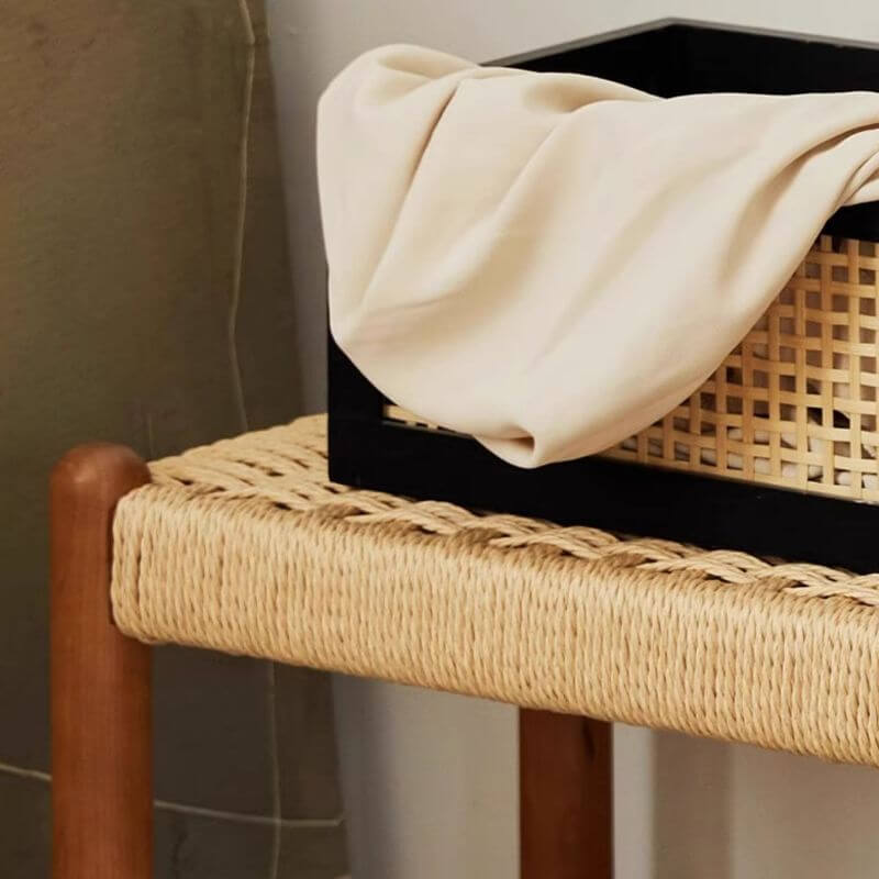 Minimalist Wooden Bench with Integrated Shelving and Textured Woven Surface