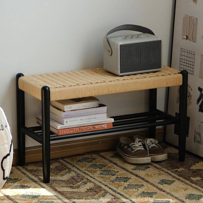 Minimalist Wooden Bench with Integrated Shelving and Textured Woven Surface