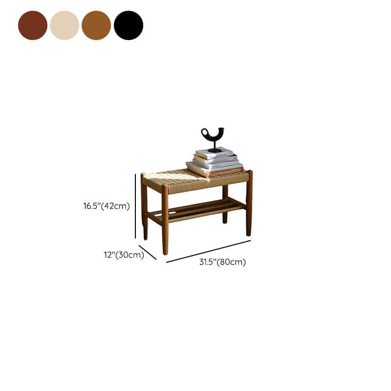 Minimalist Wooden Bench with Integrated Shelving and Textured Woven Surface Dimensions