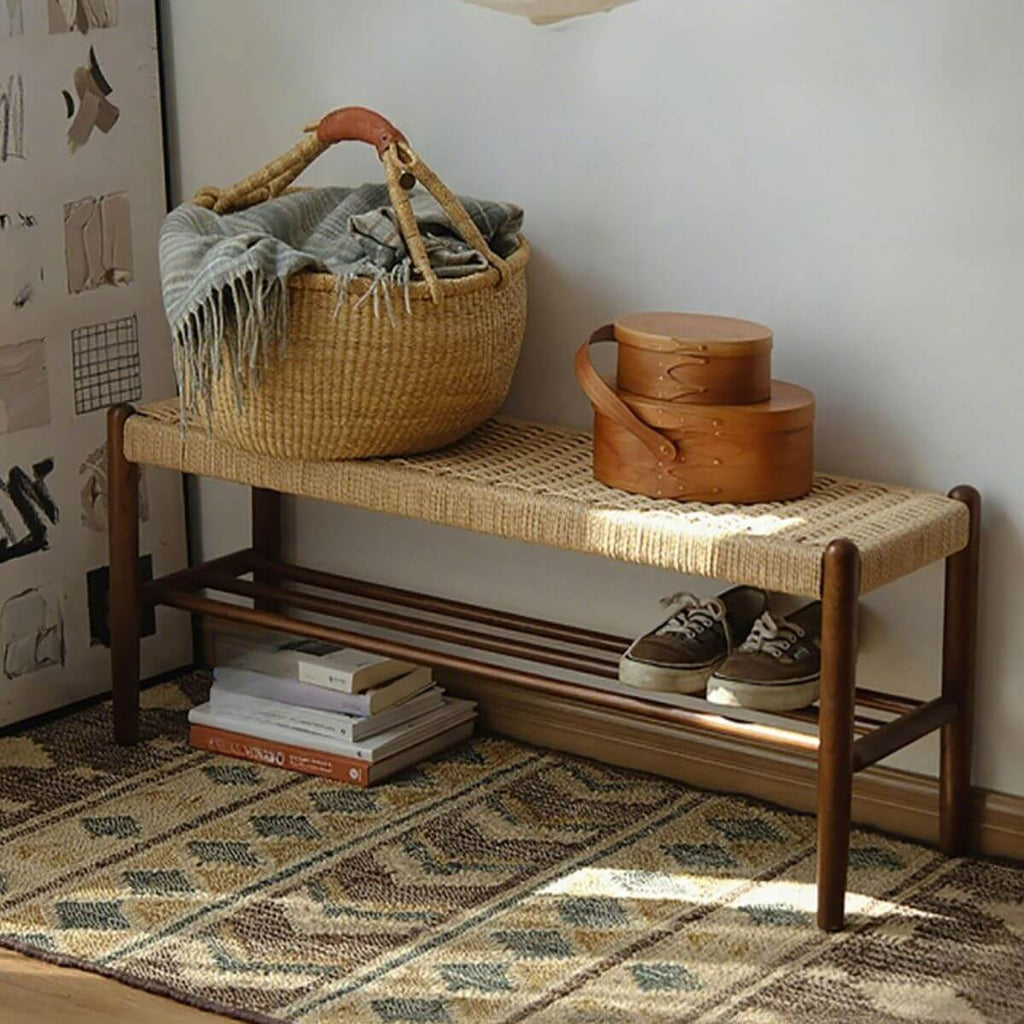 Minimalist Wooden Bench with Integrated Shelving and Textured Woven Surface Main Product Image