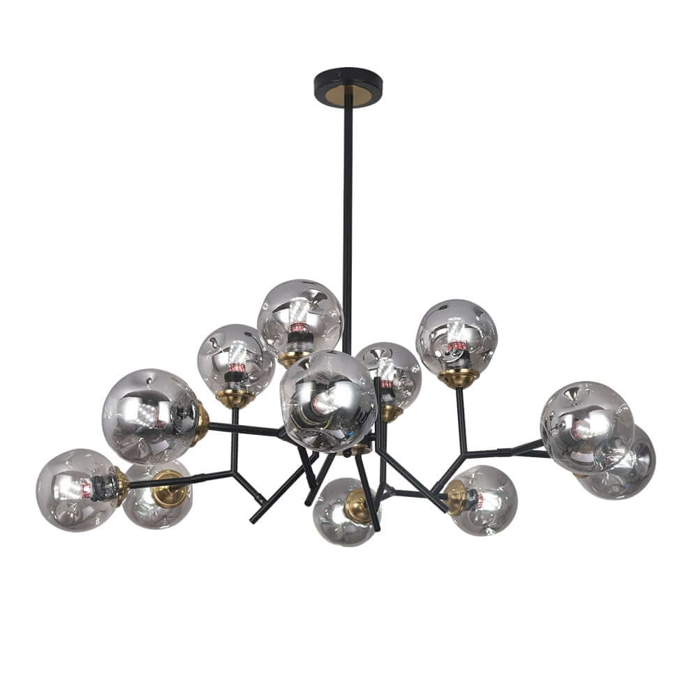 Modern 12-Light Black Chandelier with Smoky Gray Glass Shades