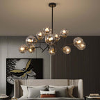 Modern 12-Light Black Chandelier with Smoky Gray Glass Shades