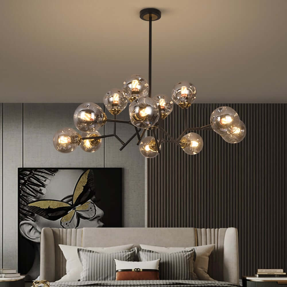 Modern 12-Light Black Chandelier with Smoky Gray Glass Shades