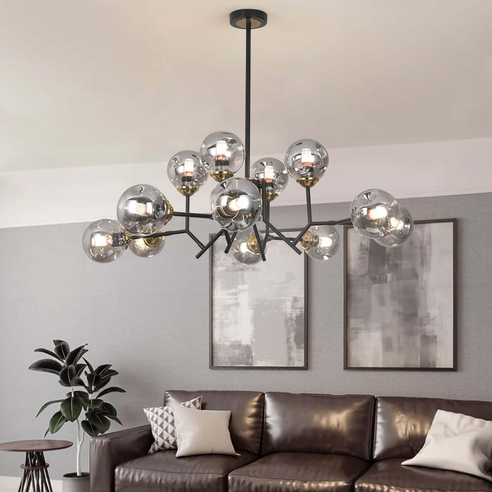 Modern 12-Light Black Chandelier with Smoky Gray Glass Shades