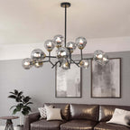 Modern 12-Light Black Chandelier with Smoky Gray Glass Shades