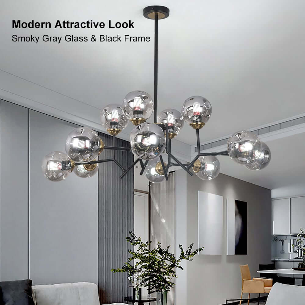Modern 12-Light Black Chandelier with Smoky Gray Glass Shades