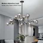 Modern 12-Light Black Chandelier with Smoky Gray Glass Shades