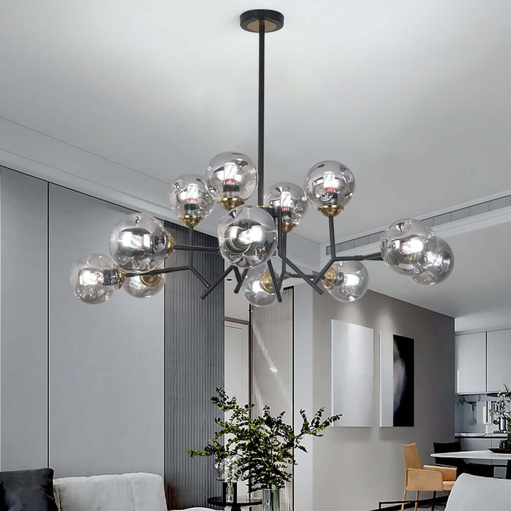 Modern 12-Light Black Chandelier with Smoky Gray Glass Shades Image secondaire du produit