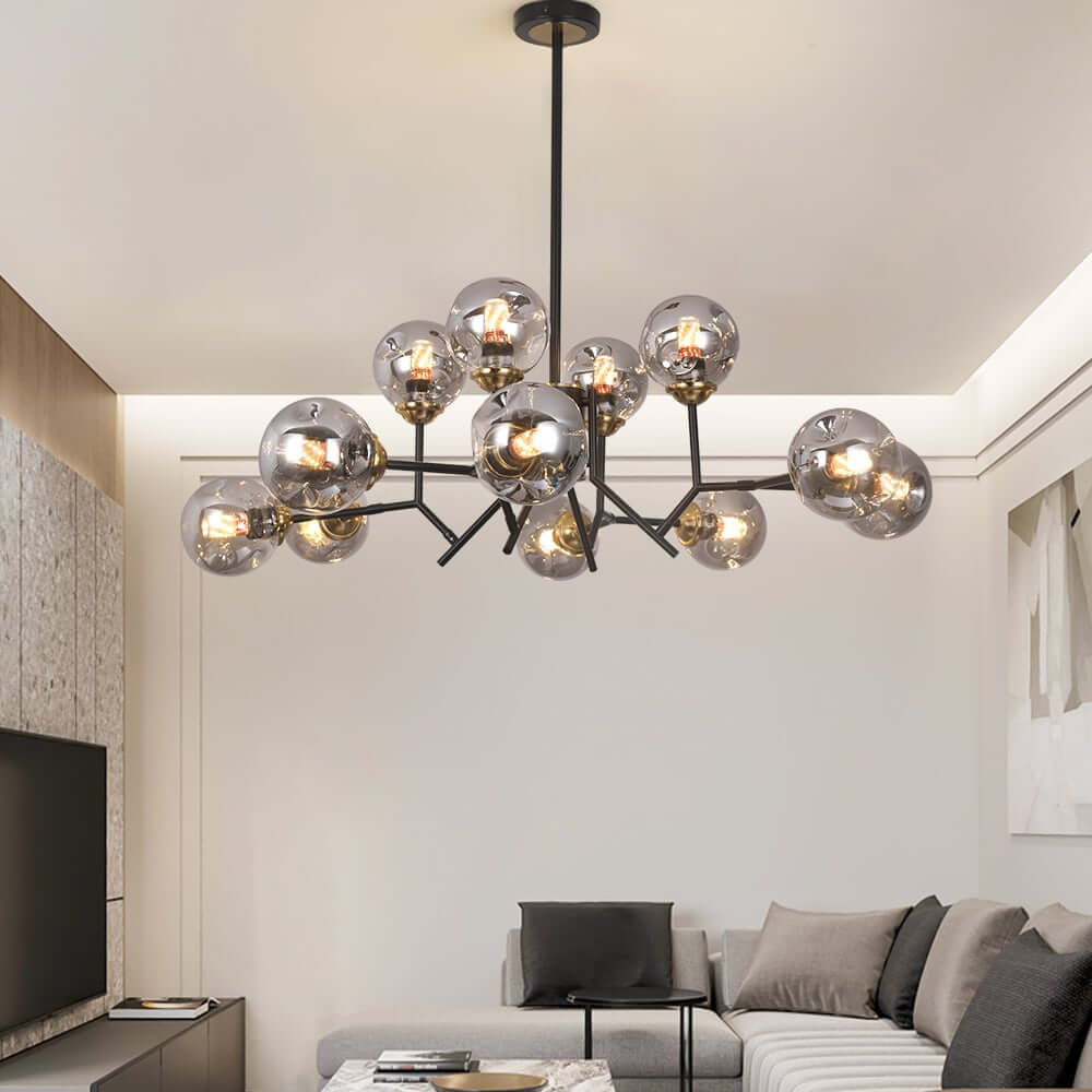 Modern 12-Light Black Chandelier with Smoky Gray Glass Shades