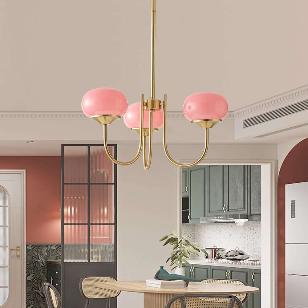 Modern 3-Light Bubble Chandelier in Frosted Pink Glass and Matte Antique Gold
