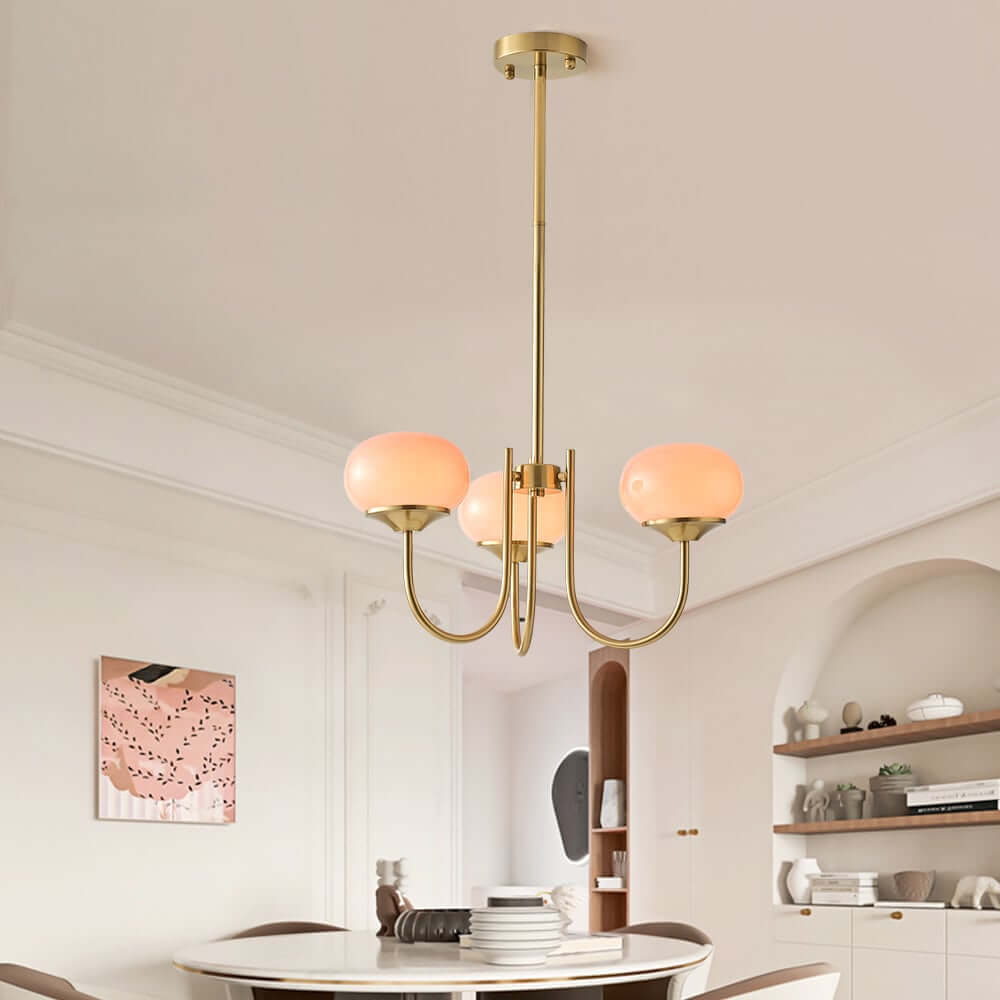 Modern 3-Light Bubble Chandelier in Frosted Pink Glass and Matte Antique Gold