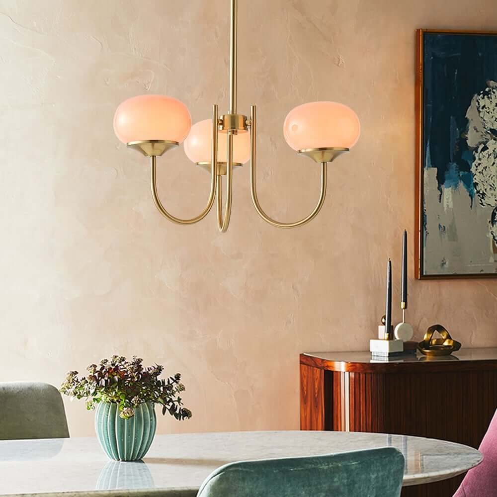 Modern 3-Light Bubble Chandelier in Frosted Pink Glass and Matte Antique Gold