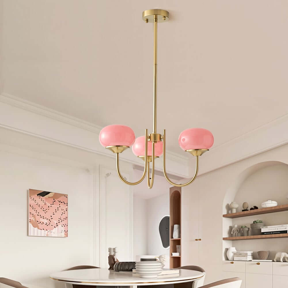 Modern 3-Light Bubble Chandelier in Frosted Pink Glass and Matte Antique Gold