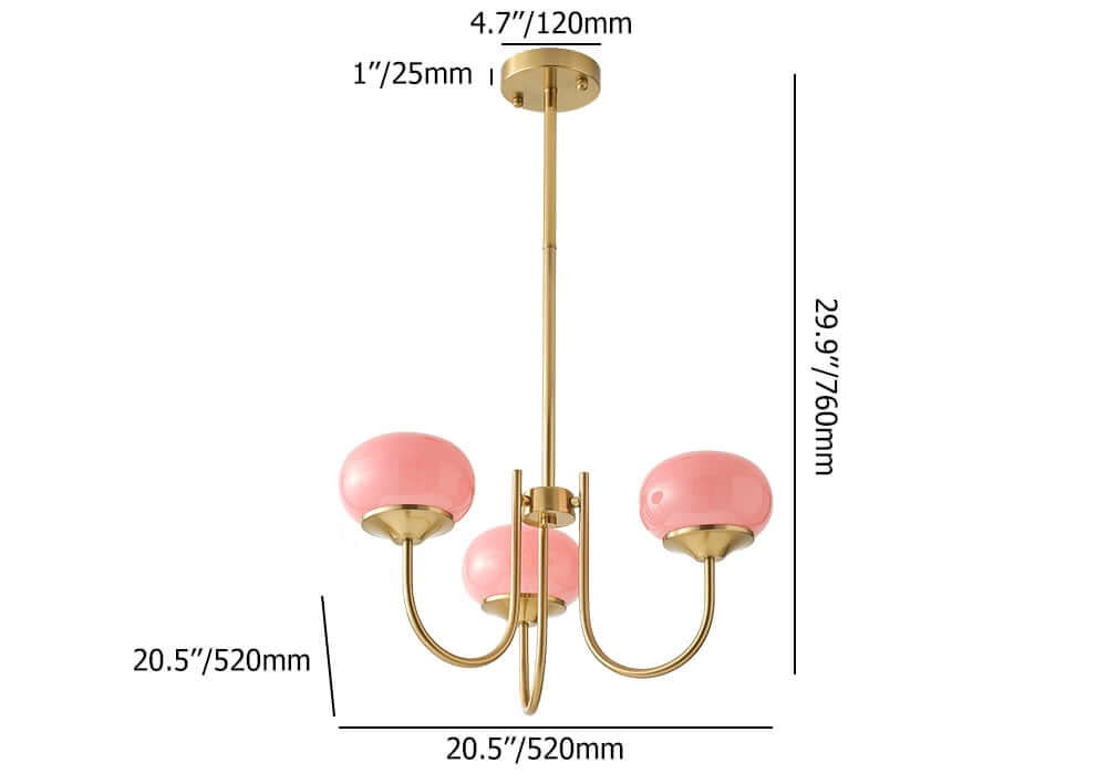 Modern 3-Light Bubble Chandelier in Frosted Pink Glass and Matte Antique Gold Dimensions