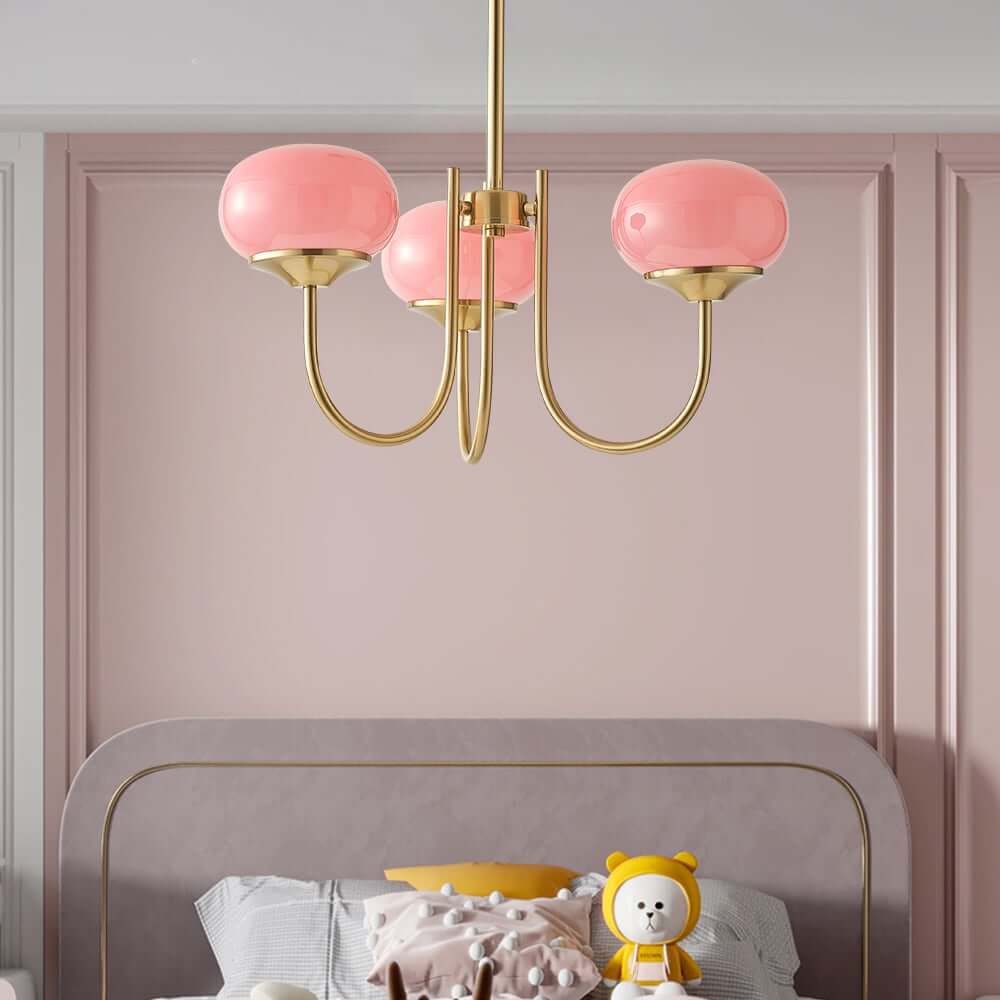 Modern 3-Light Bubble Chandelier in Frosted Pink Glass and Matte Antique Gold Main Product Image
