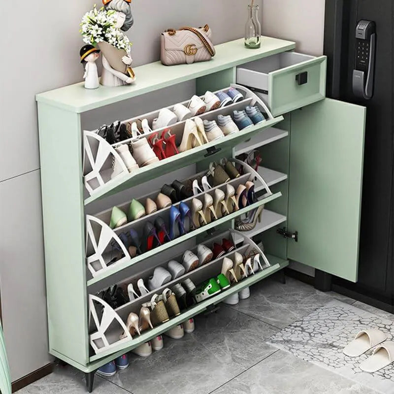 Modern 3-Tier Shoe Cabinet in Mint Green & Grey with Adjustable Storage