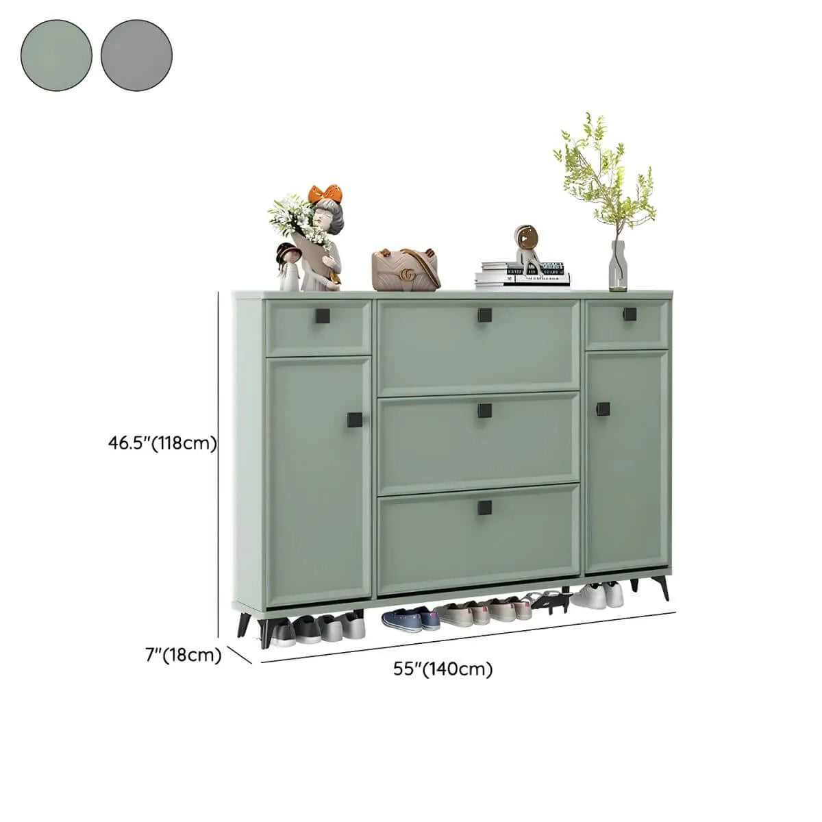Modern 3-Tier Shoe Cabinet in Mint Green & Grey with Adjustable Storage Dimensions