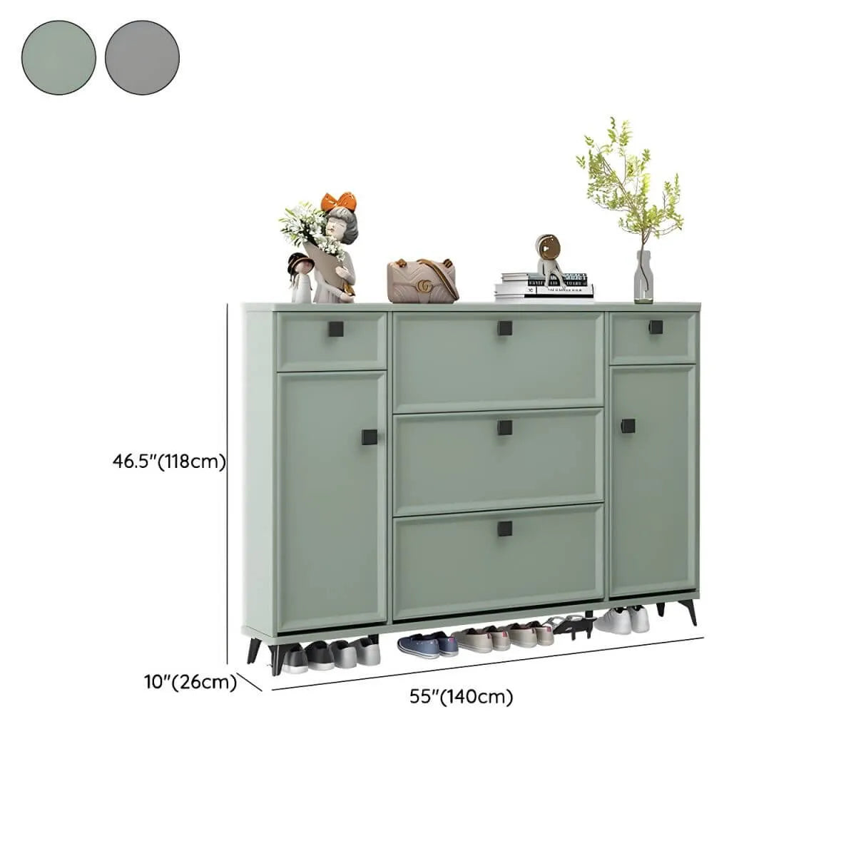 Modern 3-Tier Shoe Cabinet in Mint Green & Grey with Adjustable Storage Dimensions