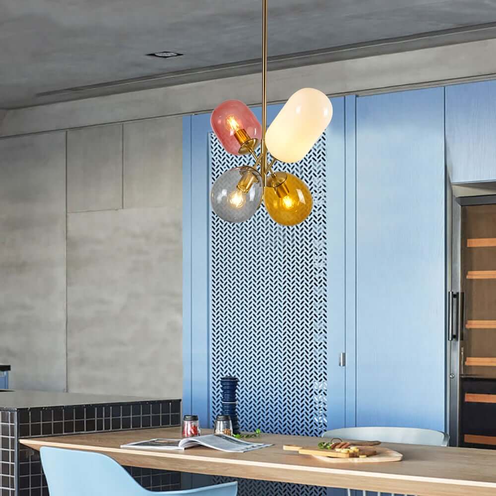 Modern 4-Light Globe Chandelier with Hand-Blown Colored Glass Shades